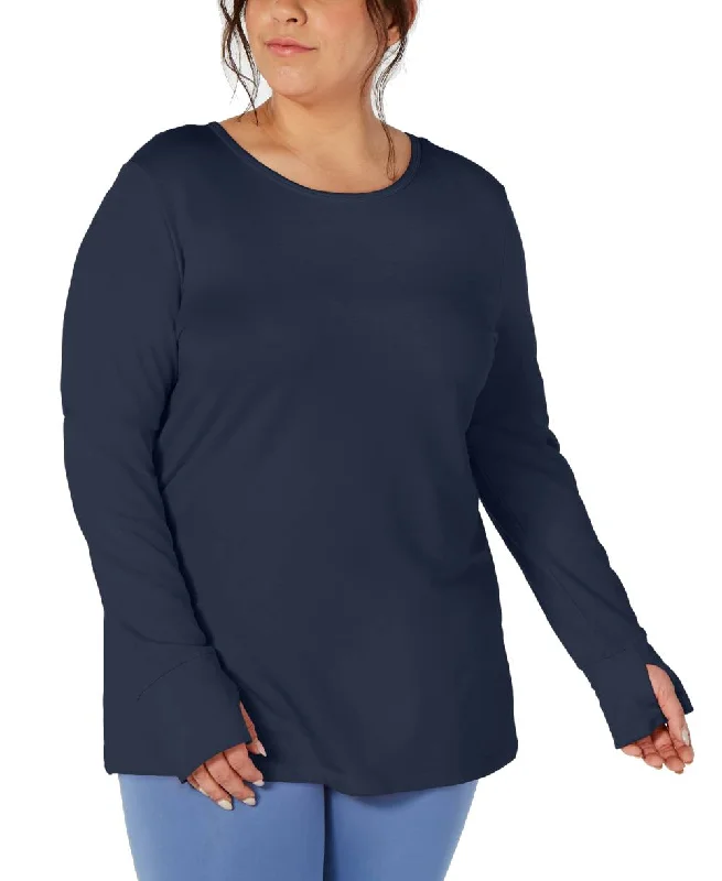 Ideology Plus Women's Crochet Back Long Sleeve Shirts, Blue, 1X